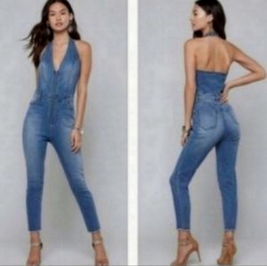 Bebe Denim Crop Halter Jumpsuit, Size 12